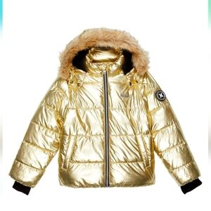 Hurley girls metallic gold and black winter puffer jacket faux fur lined New!